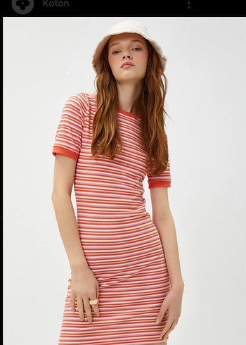 Çizgili Midi Kısa Kollu Elbise - Görsel 3