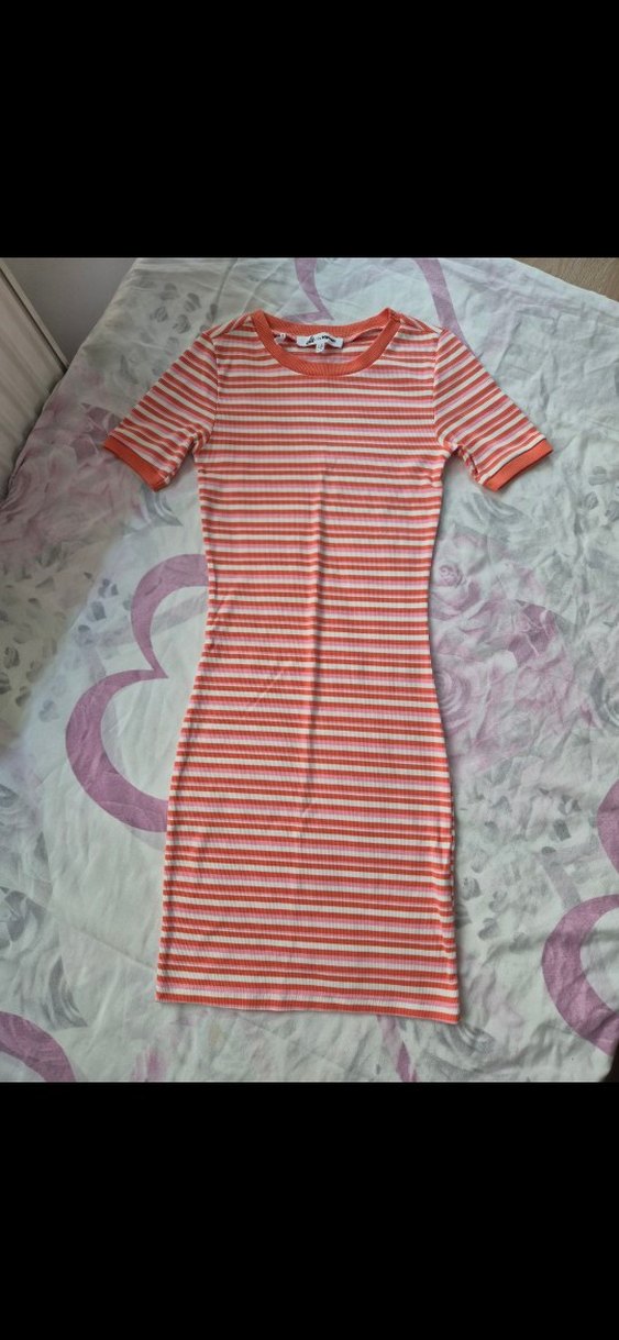 Çizgili Midi Kısa Kollu Elbise - Görsel 2