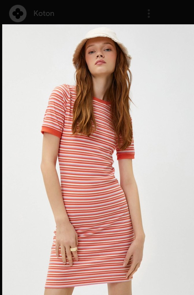 Çizgili Midi Kısa Kollu Elbise - Görsel 3