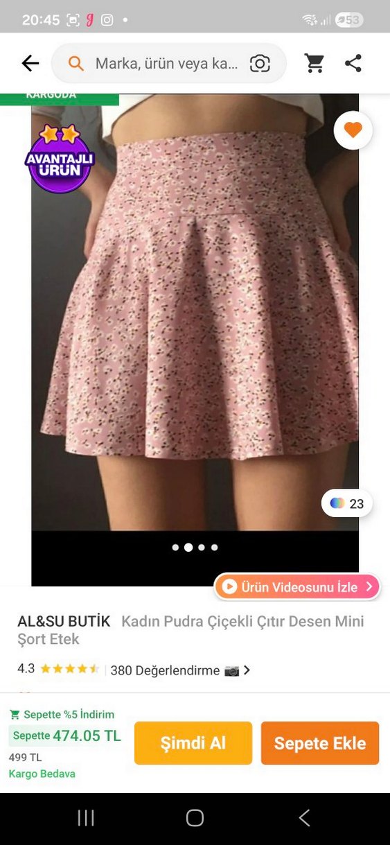 Pembe Çiçek Desenli Mini Şort Etek - Görsel 3