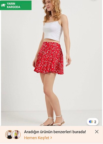 Çiçek Desenli Kırmızı Mini Etek - Görsel 3