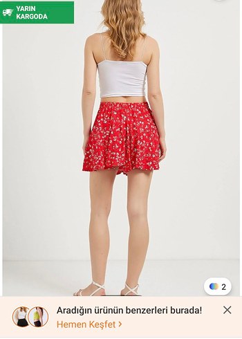 Çiçek Desenli Kırmızı Mini Etek - Görsel 7