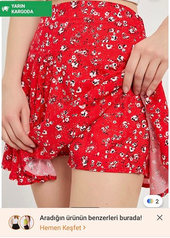 Çiçek Desenli Kırmızı Mini Etek - Görsel 4