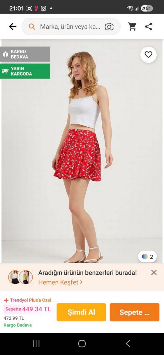 Çiçek Desenli Kırmızı Mini Etek - Görsel 3