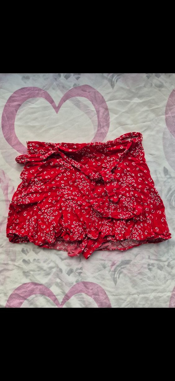 Çiçek Desenli Kırmızı Mini Etek - Görsel 2