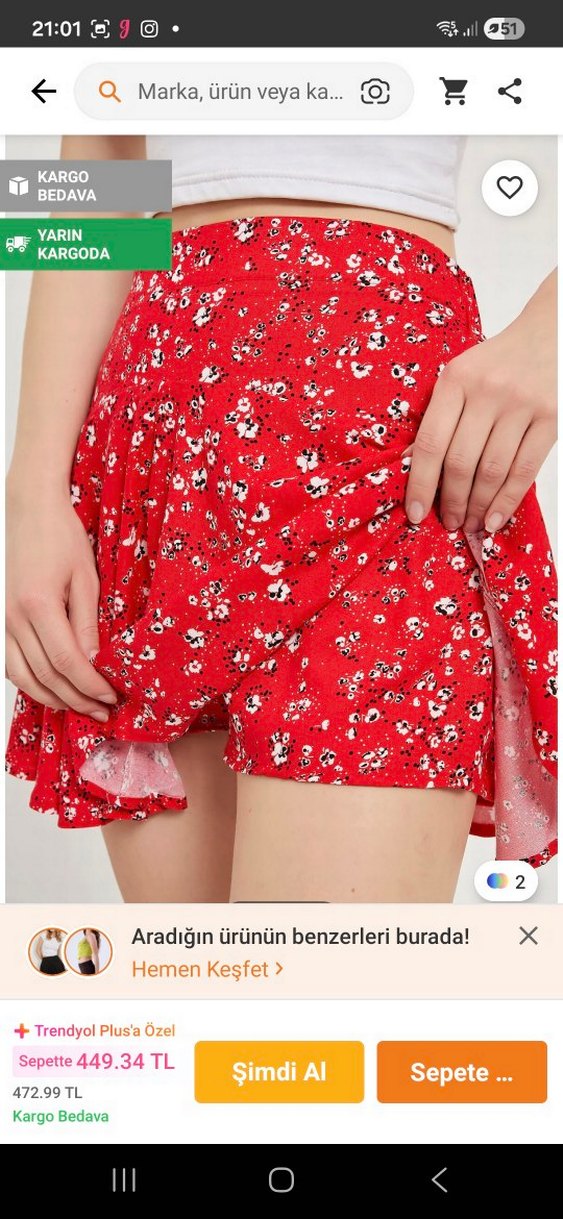 Çiçek Desenli Kırmızı Mini Etek - Görsel 4