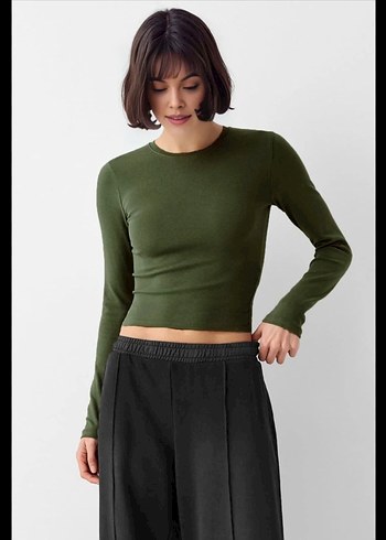 Kadın Haki Uzun Kollu Basic Bluz - Görsel 3