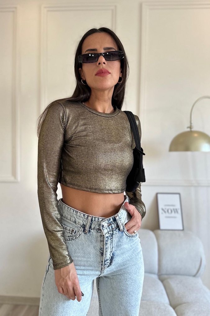 Kadın haki Uzun Kollu İnce Sweatshirt - Görsel 2