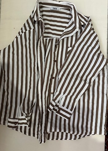 Düğmeli Kahverengi Çizgili Kadın Gömlek - Görsel 2