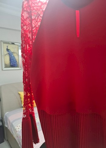 kurmızı Dantel Detaylı Uzun Kollu Bluz - Görsel 2