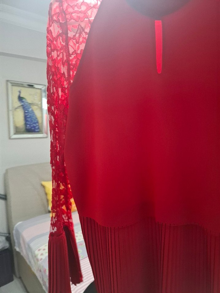 kurmızı Dantel Detaylı Uzun Kollu Bluz - Görsel 2