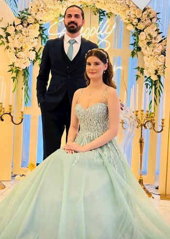 Açık Yeşil  Simli Uzun Abiye - Görsel 2