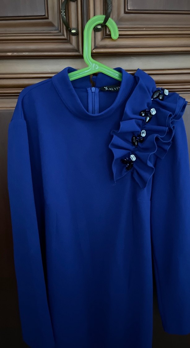 Mavi abiye  elbise / Şal janjan kumaş - Görsel 3