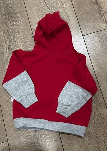 9-12 Ay Beden Kapüşonlu Kırmızı Gri Erkek Çocuk Sweatshirt