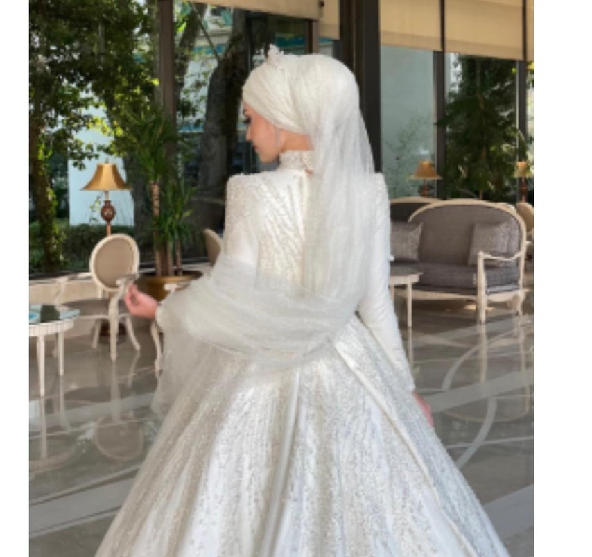 İşlemeli Beyaz Tesettür gelinlik - Görsel 3
