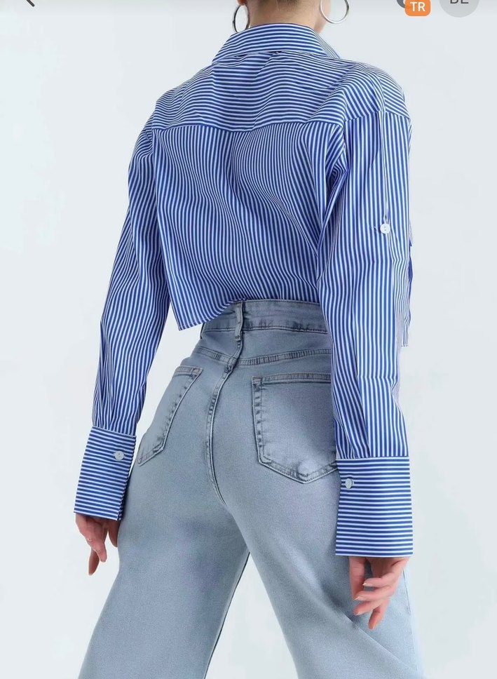 Düğmeli Çizgili Mavi Denim Kadın Gömlek - Görsel 2