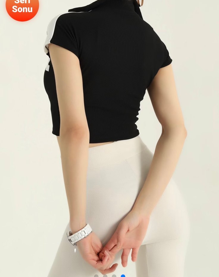 Siyah Fermuarlı V Yaka Crop Top - Görsel 2