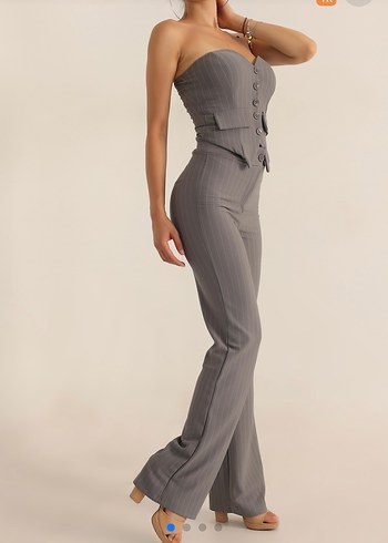 Düğmeli Straplez Çizgili Kadın Takım - Görsel 3