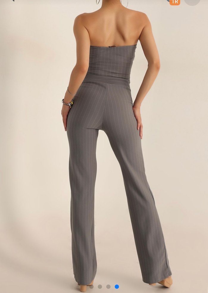 Düğmeli Straplez Çizgili Kadın Takım - Görsel 2