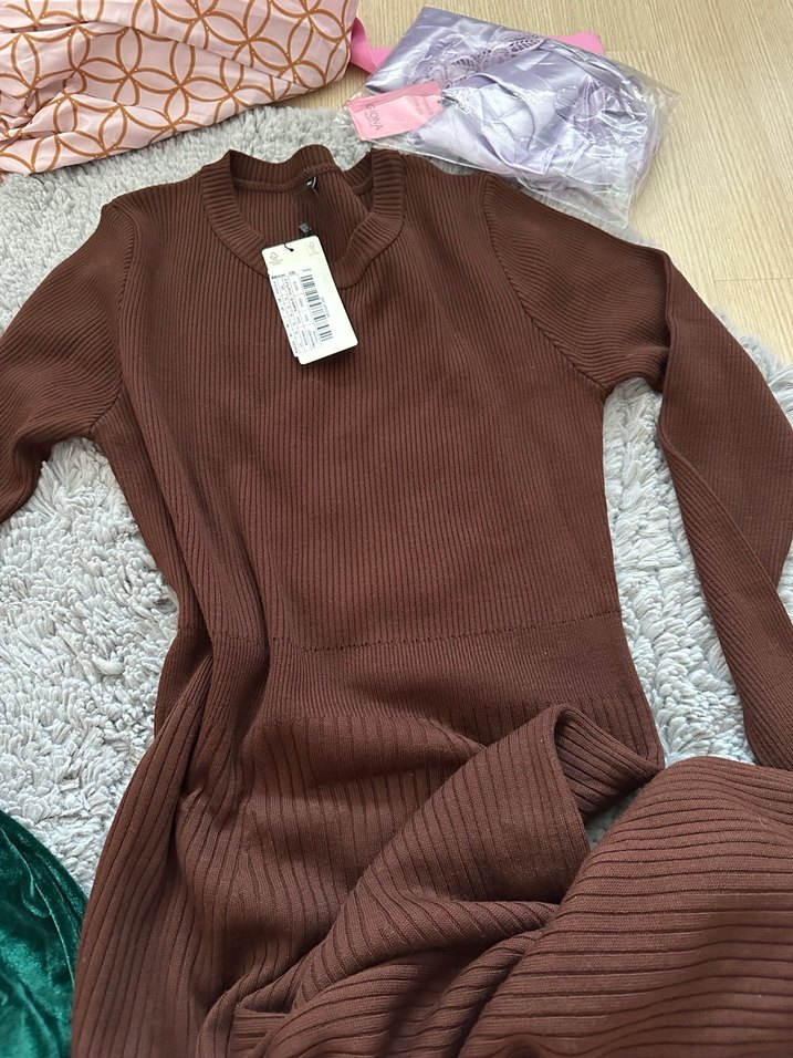 Kahverengi Triko Uzun Kollu Kadın Elbise - Görsel 3