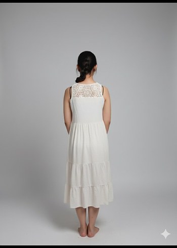 Bej V Yaka Midi Elbise - Görsel 2