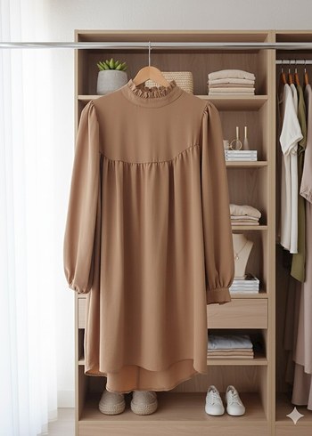 Bej Midi Uzun Kollu Rahat Elbise/Tunik - Görsel 2