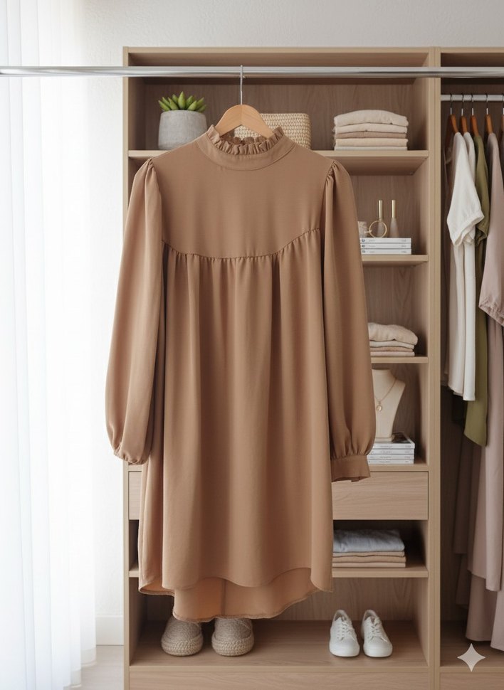 Bej Midi Uzun Kollu Rahat Elbise/Tunik - Görsel 2