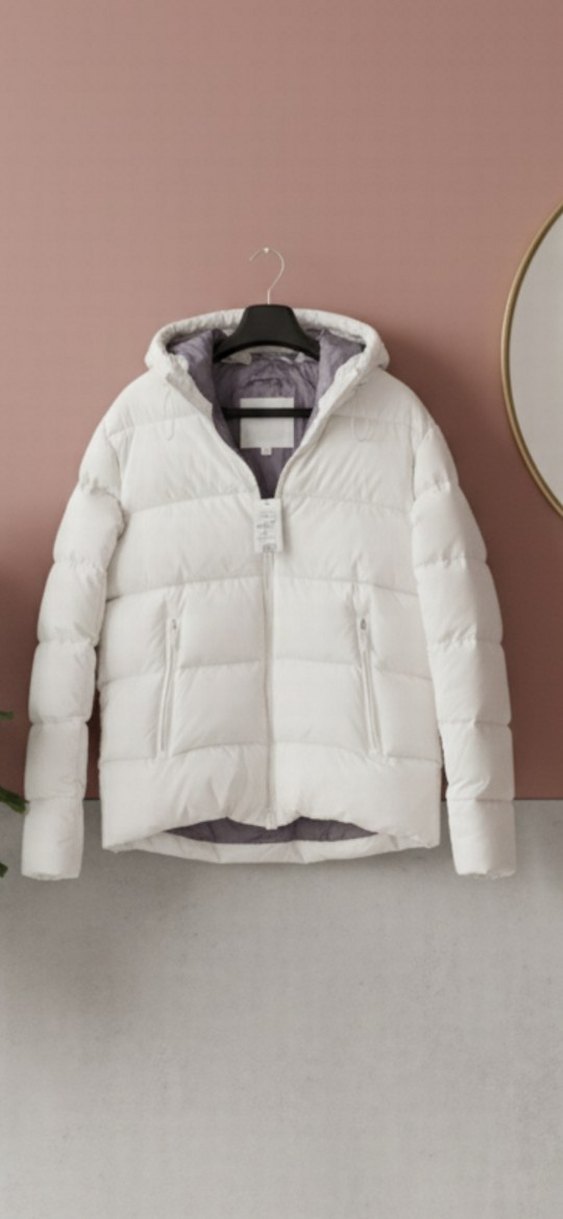 Beyaz Midi Şişme Mont Kapüşonlu - Görsel 4