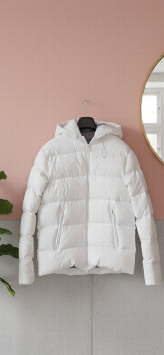 Beyaz Midi Şişme Mont Kapüşonlu - Görsel 2