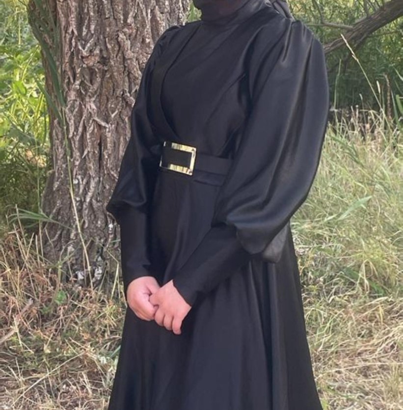 Uzun Kollu Siyah Saten Kadın Elbise - Görsel 3