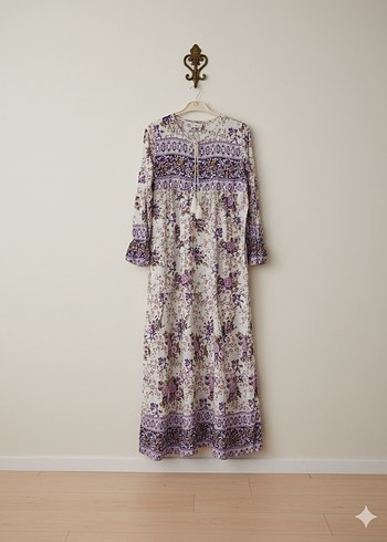 Uzun, Bağcıklı Bohem Pamuk Elbise - Görsel 3