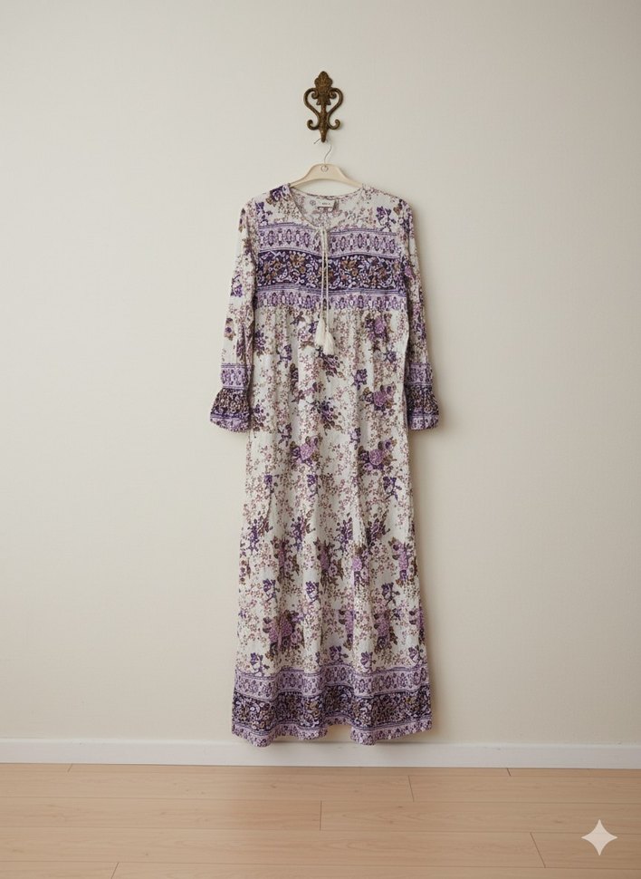 Uzun, Bağcıklı Bohem Pamuk Elbise - Görsel 3