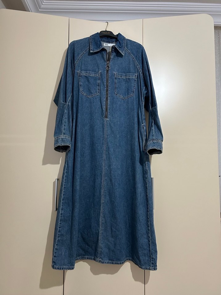 Uzun Kollu Mavi Denim Kadın Elbise - Görsel 2