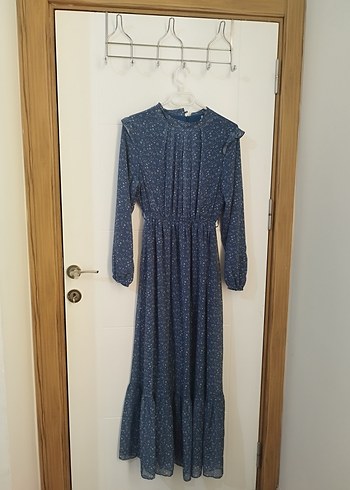 40 Beden Uzun Kollu, Kemerli Mavi Denim Elbise