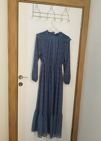 40 Beden mavi Renk Uzun Kollu, Kemerli Mavi Denim Elbise
