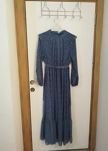 Uzun Kollu, Kemerli Mavi Denim Elbise