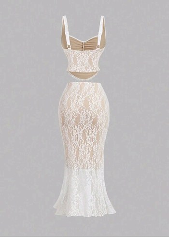 Sheinside Dantel Detaylı Uzun Beyaz Mezuniye Elbisesi