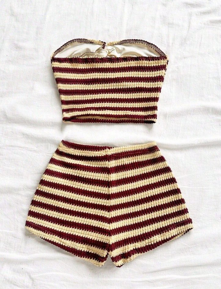 Bordo Çizgili Örgü Mini Bohem Crop Şort Set - Görsel 2