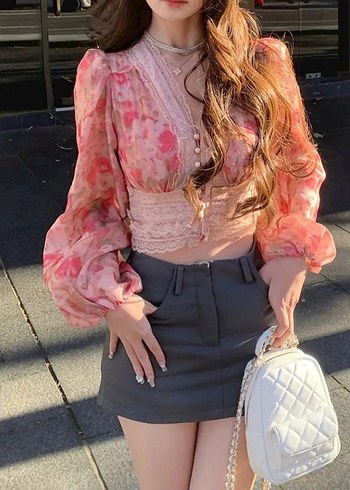 Sheinside Dantel Detaylı Pembe Bohem Vintage Bluz