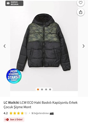 LC Waikiki ECO Haki Baskılı Kapüşonlu Erkek Çocuk Mont