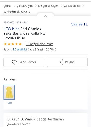 9 Yaş Beden Sarı Yakalı Kız Çocuk Elbise