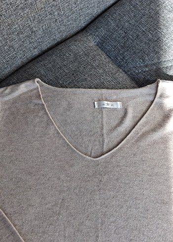 Bej V Yaka Uzun Kollu Kadın Triko - Görsel 2