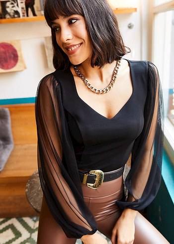 Deri Kemerli Mini Kadın Bluz - Görsel 3