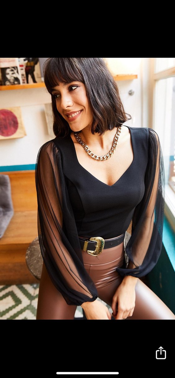 Deri Kemerli Mini Kadın Bluz - Görsel 3