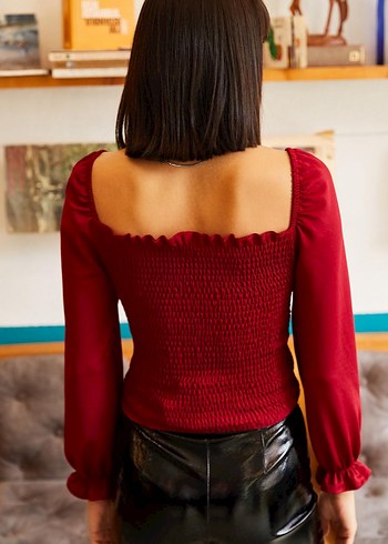 Kırmızı Deri Kemerli Mini Bluz - Görsel 2