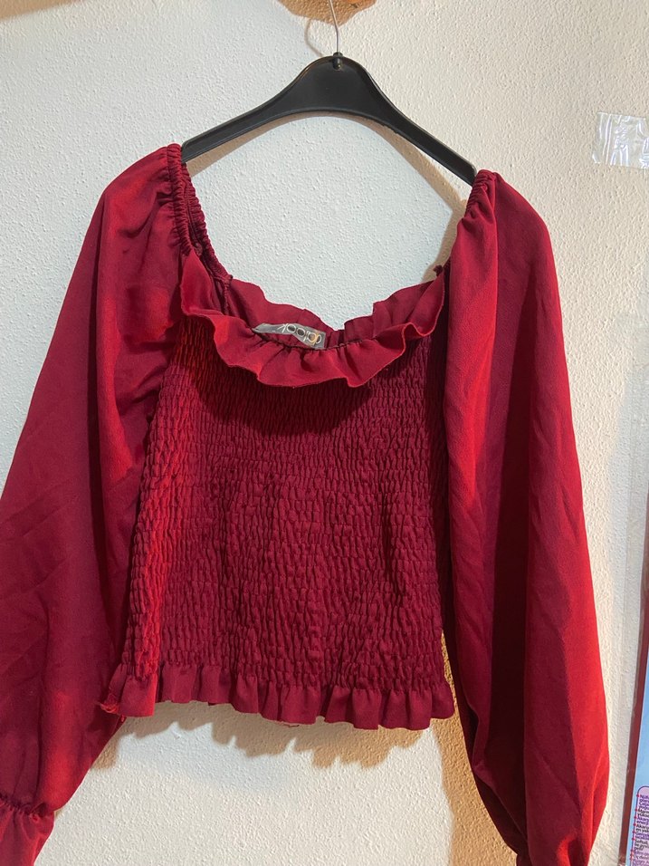 Kırmızı Deri Kemerli Mini Bluz - Görsel 5