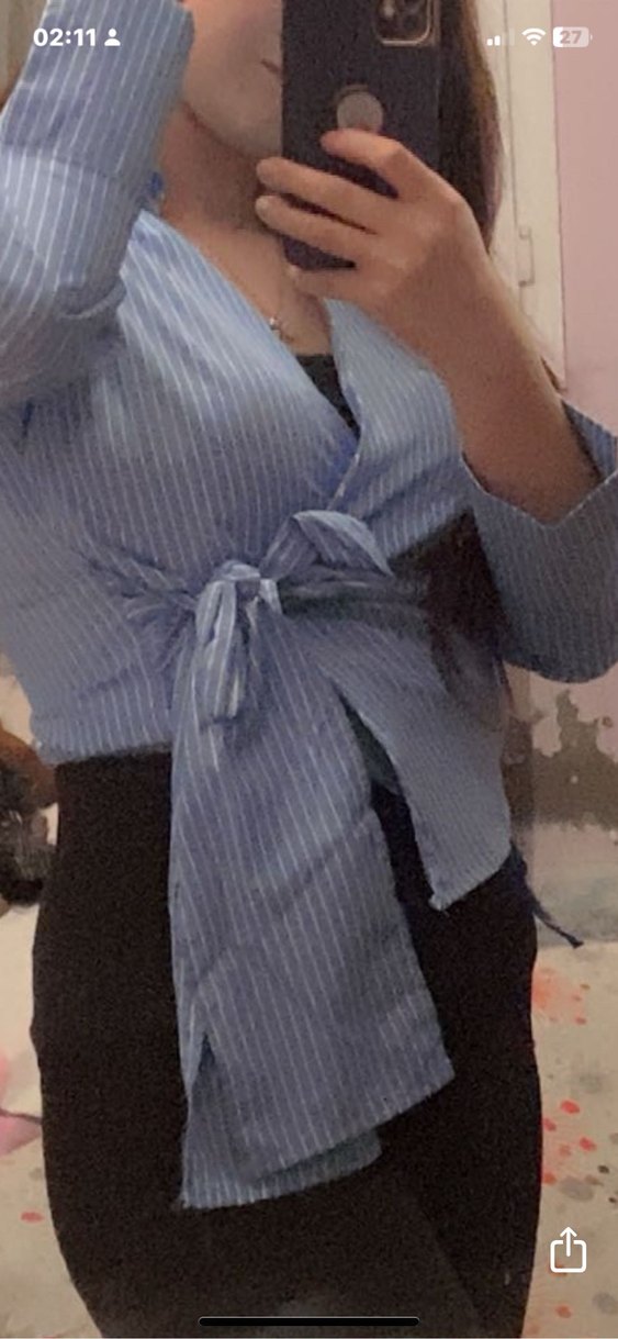 Mavi Çizgili V Yaka Kemerli Kadın Gömlek - Görsel 4