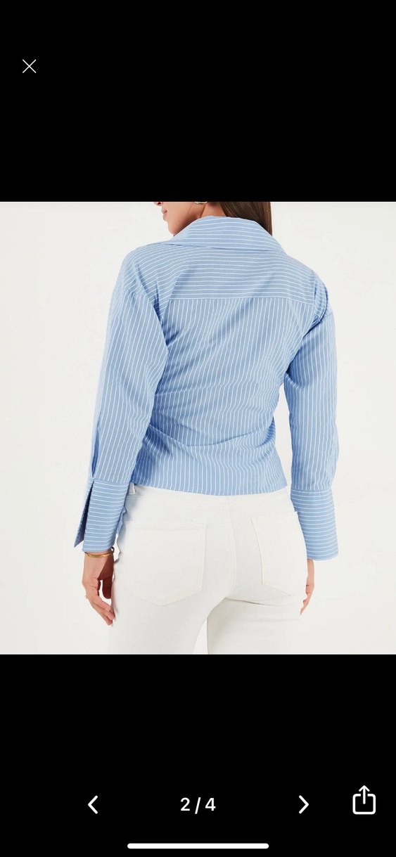 Mavi Çizgili V Yaka Kemerli Kadın Gömlek - Görsel 2