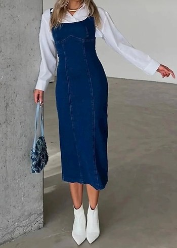 Kadın Lacivert Uzun Kot Elbise - Görsel 2