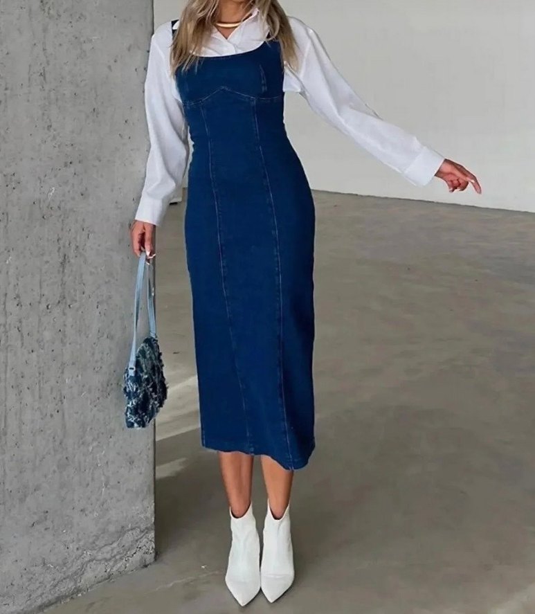 Kadın Lacivert Uzun Kot Elbise - Görsel 2